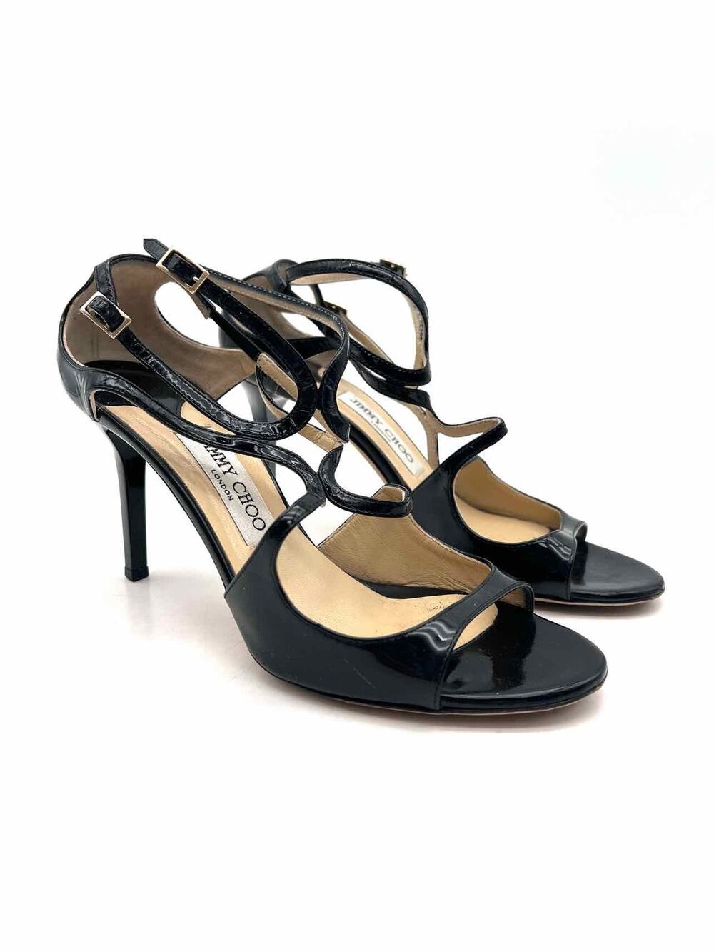 Jimmy Choo Size 7.5 Black Strappy Patent Leather Shoes Sandals Heels